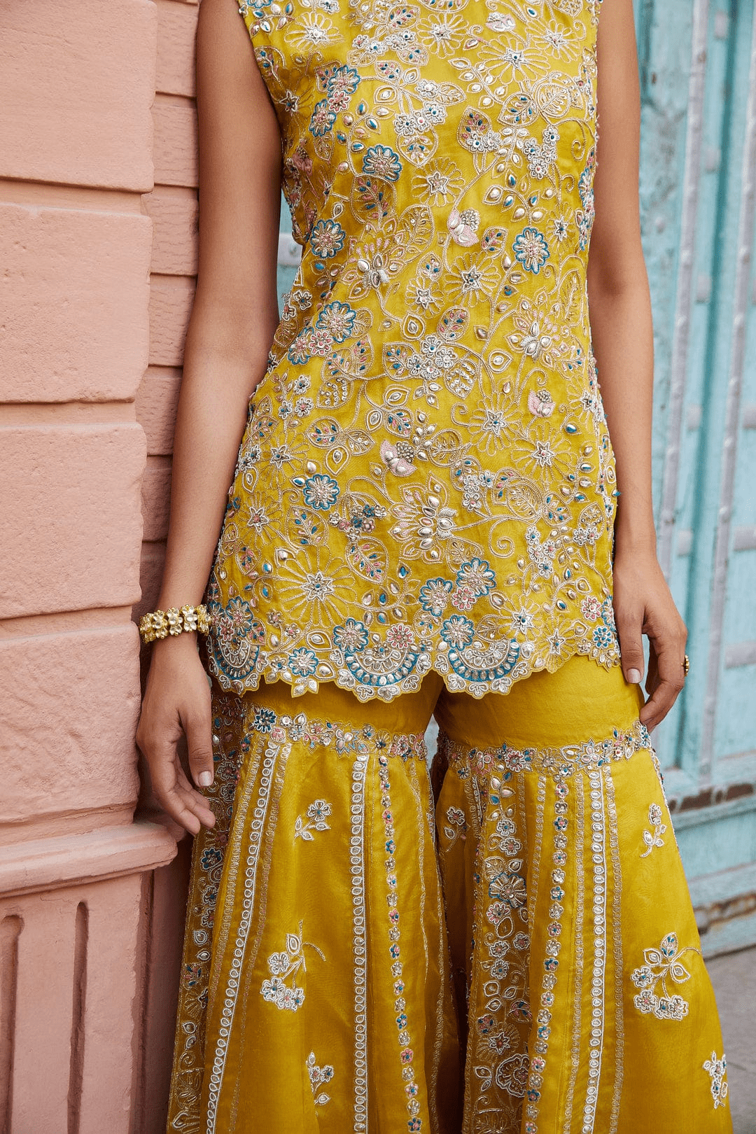 Honey Gold Organza Embroidered Suit