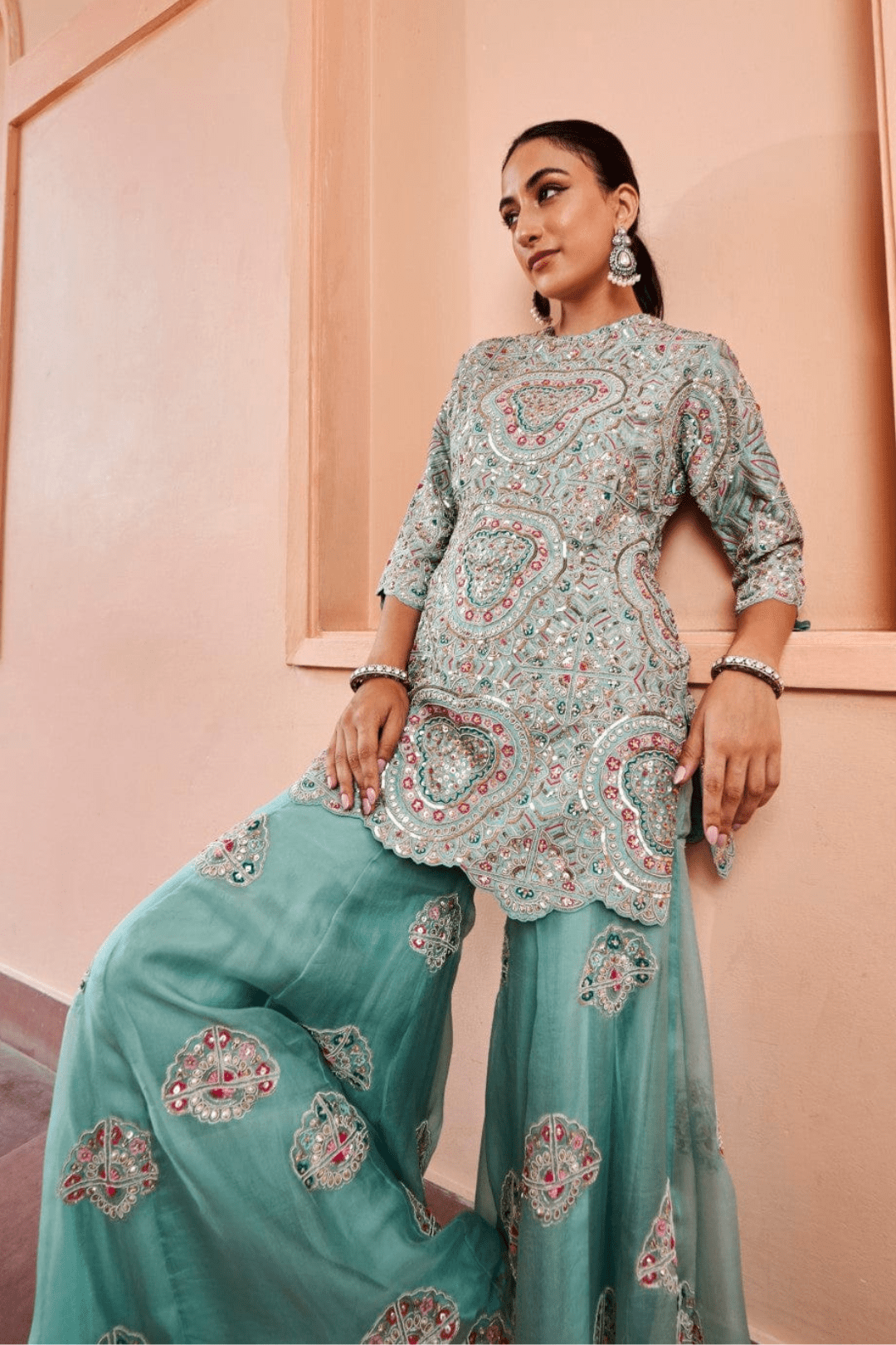 Cadet Blue Embroidered Sharara