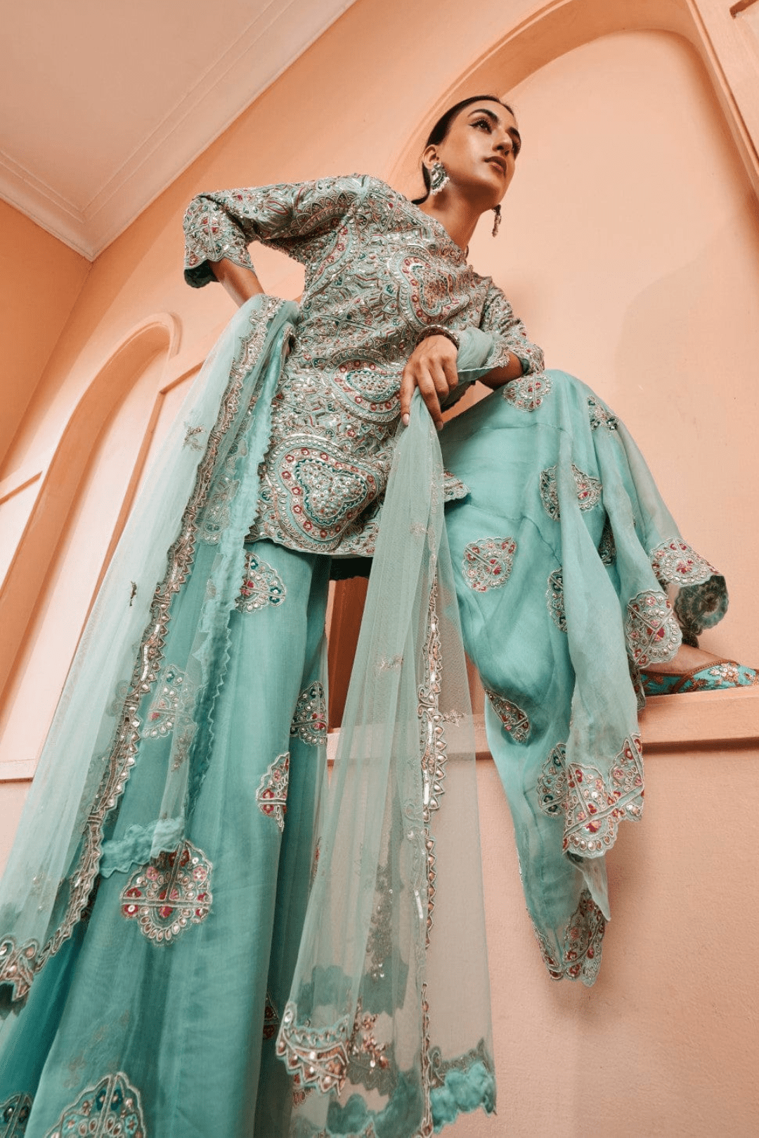 Cadet Blue Embroidered Sharara