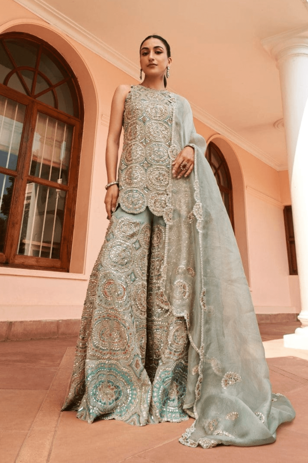 Cadet Blue Embroidered Sharara