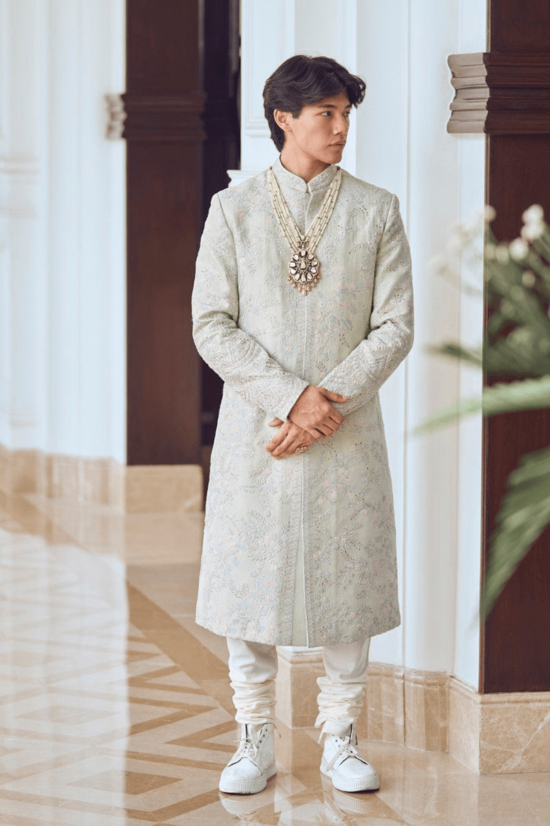 Celery Ice And Ivory Embroidered Sherwani