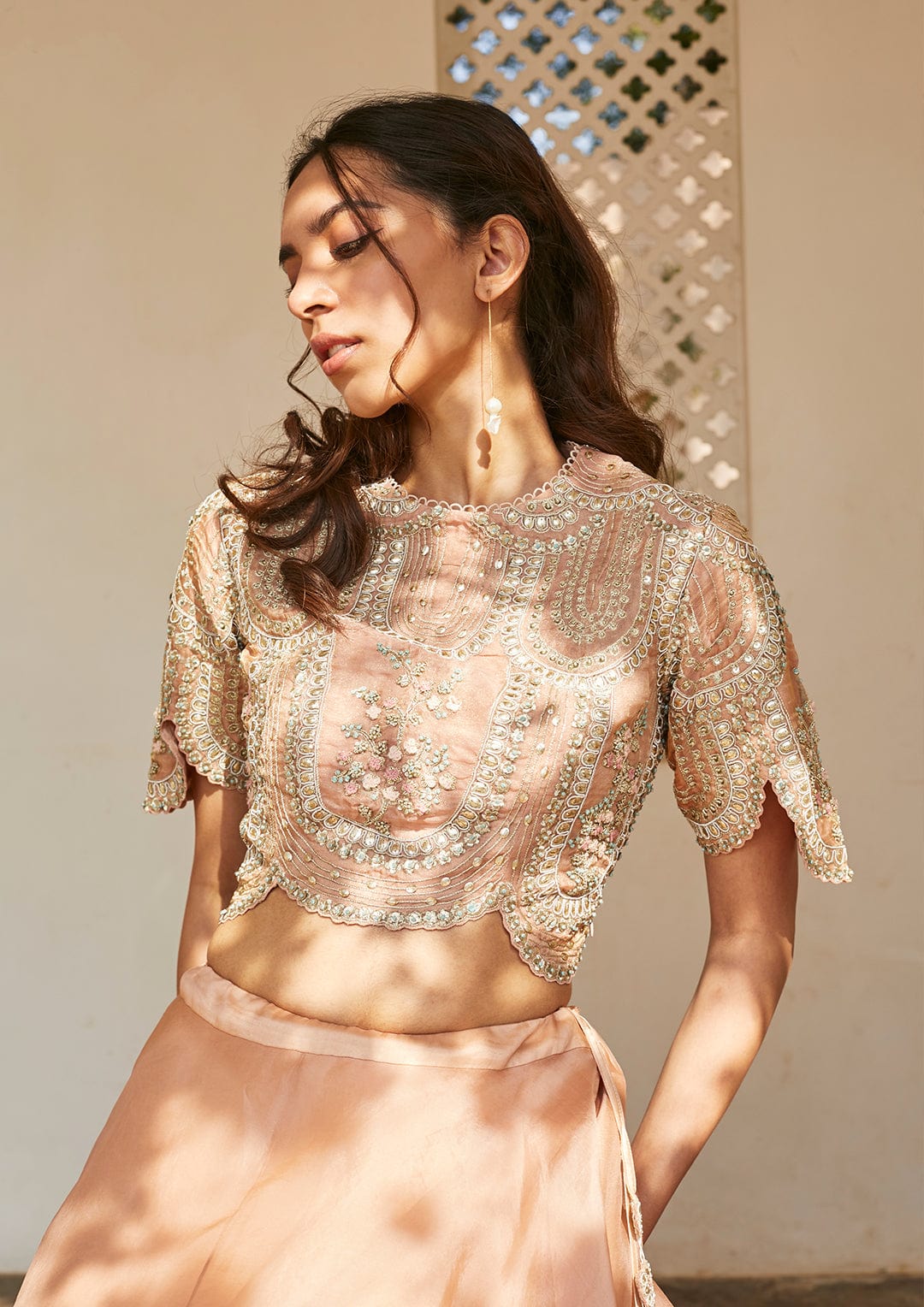Bahaar Optical Embroidered Crop Top and Skirt