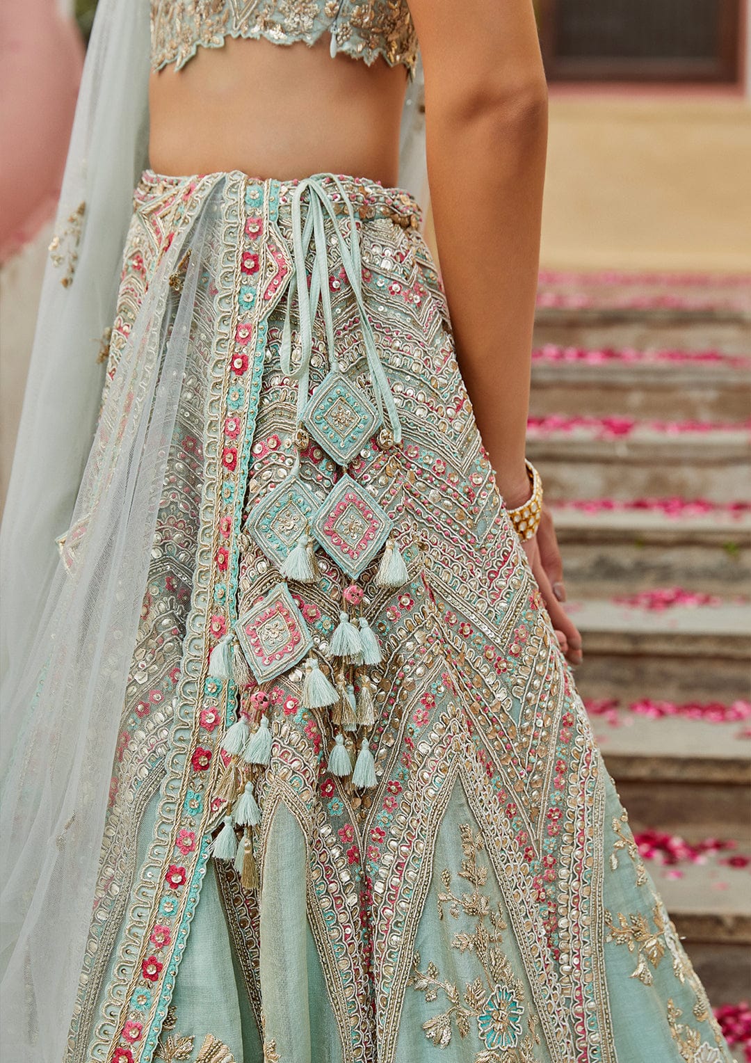 Teal Embroidered Lehenga with Tulle Dupatta