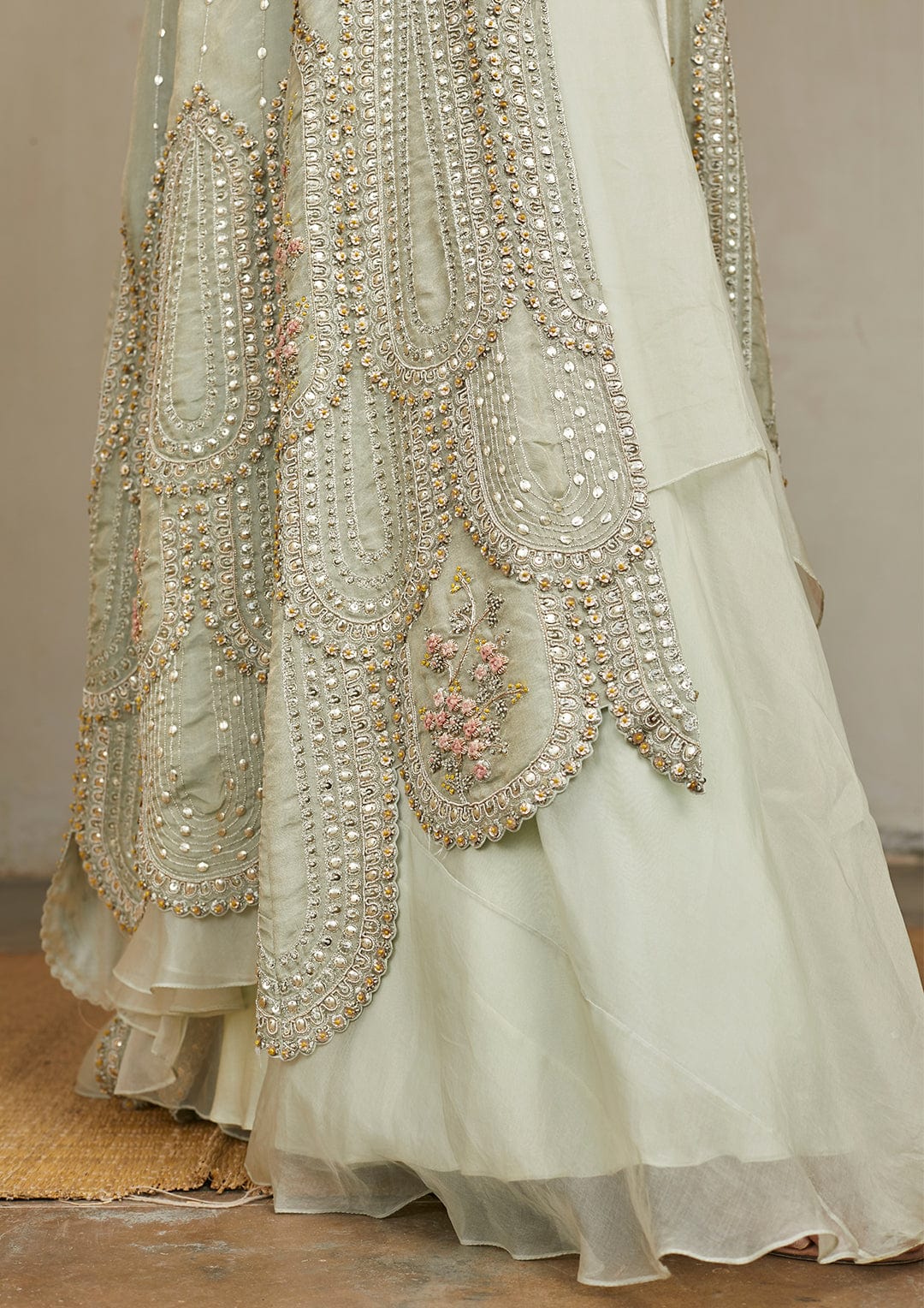 Ivory Optical Embroidered Jacket Lehenga Set