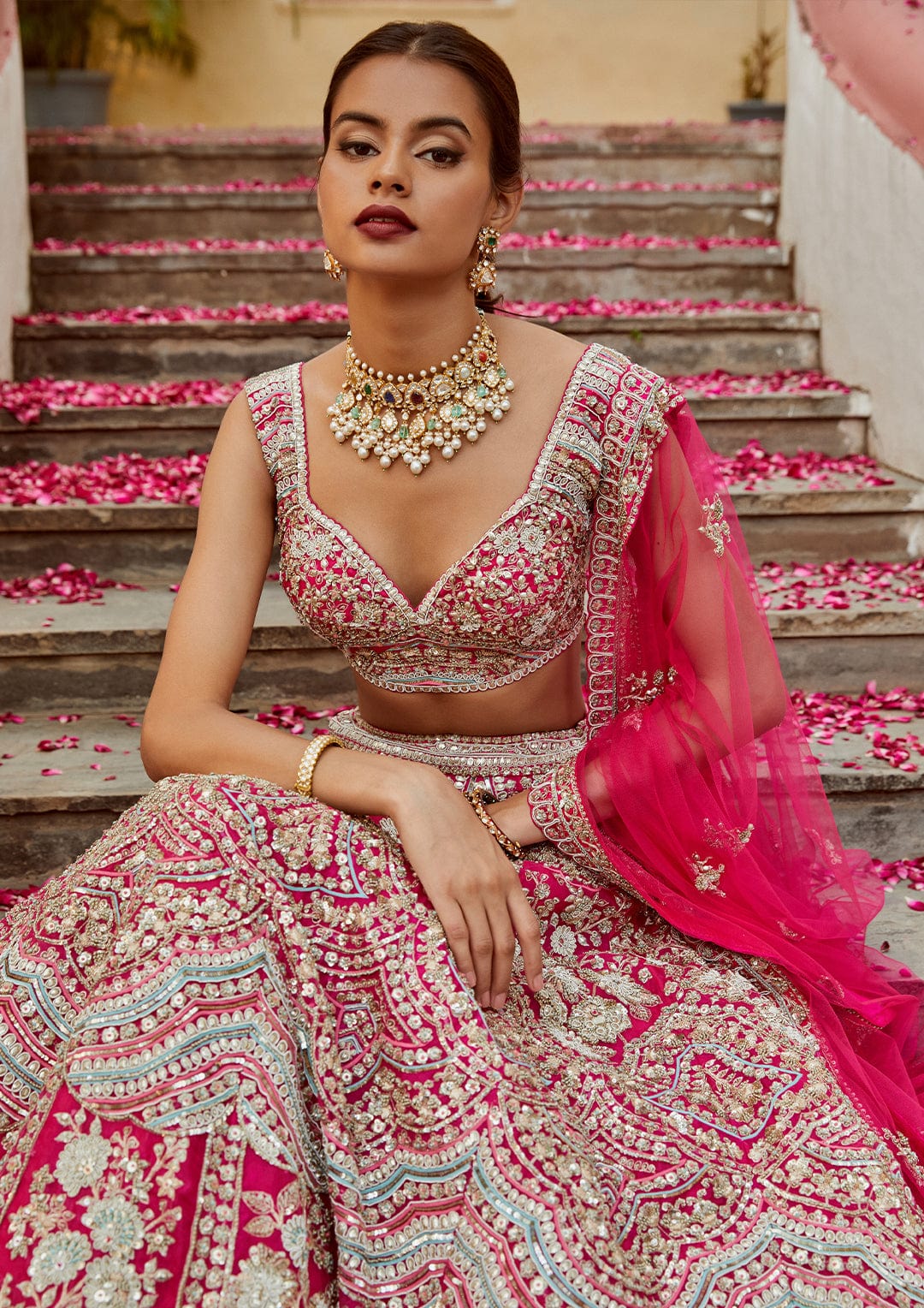 Scarlet Embroidered Lehenga with Tulle Dupatta