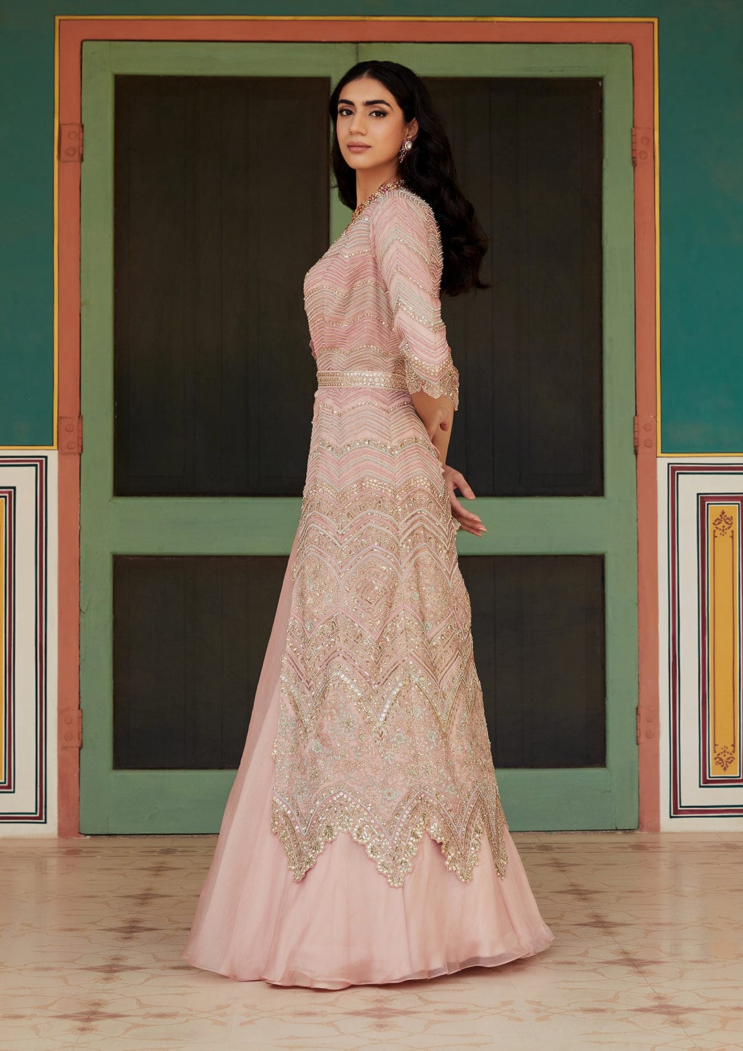 Rose Pink Embroidered Jacket Lehenga Set