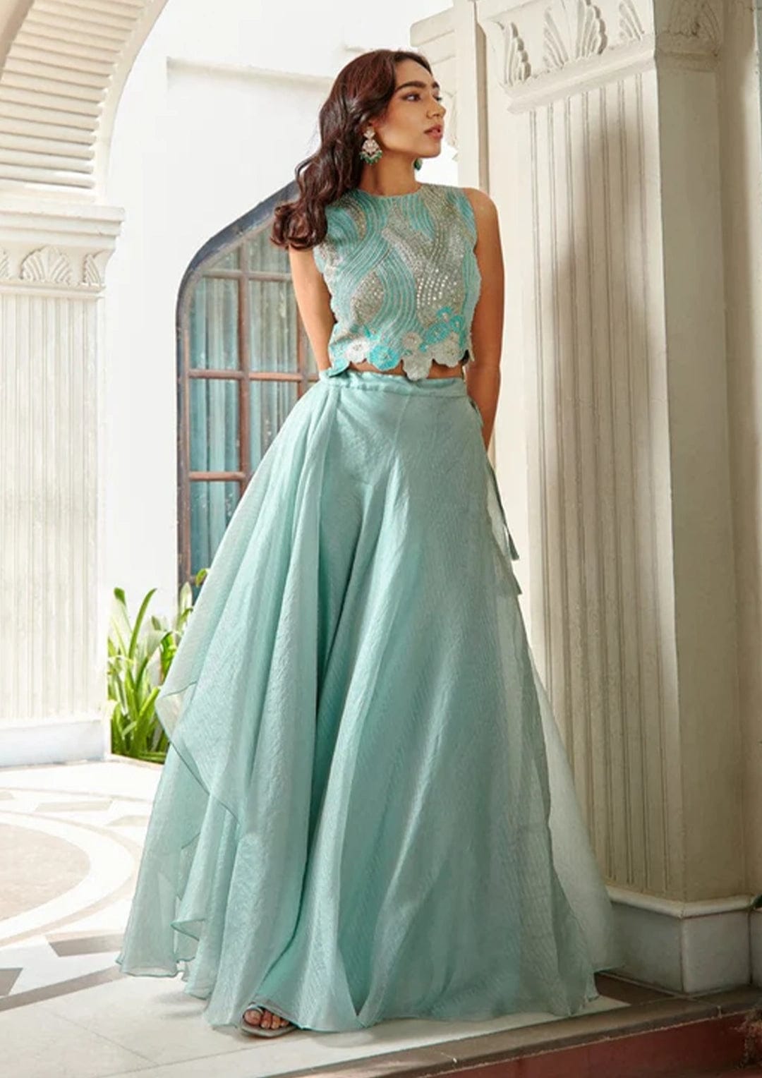 Teal Appliqued Top and Skirt