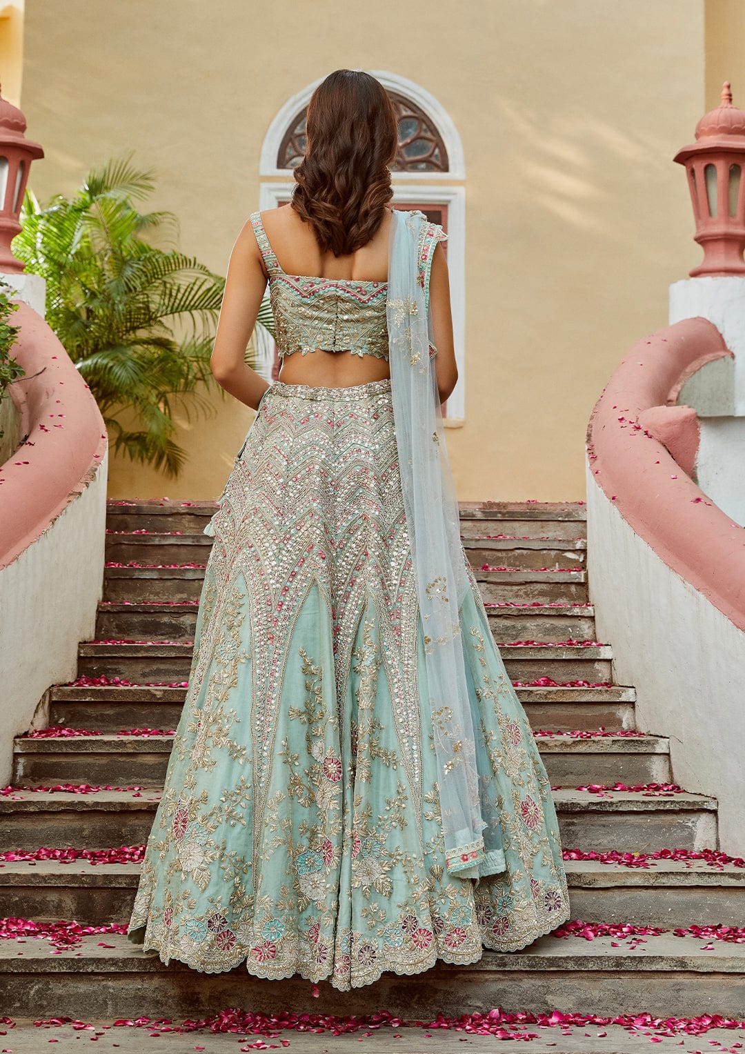 Teal Embroidered Lehenga with Tulle Dupatta