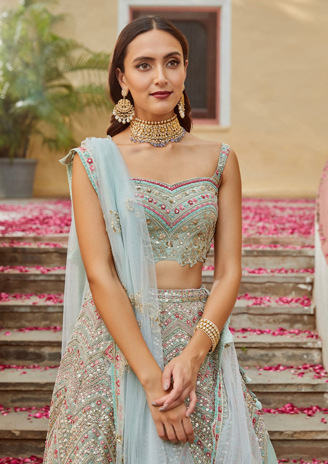 Teal Embroidered Lehenga with Tulle Dupatta