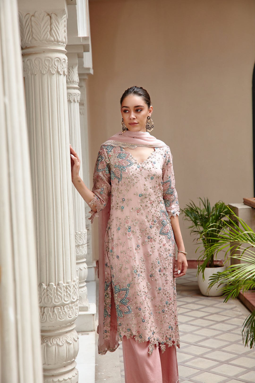 Hand-Embroidered Soft Berry Cutwork Suit