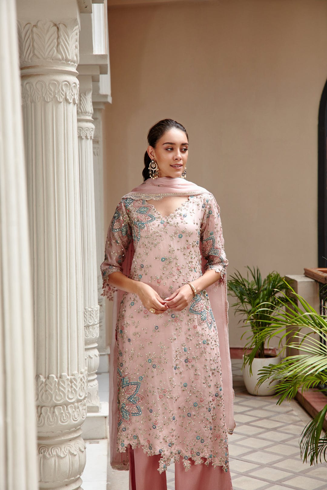 Hand-Embroidered Soft Berry Cutwork Suit