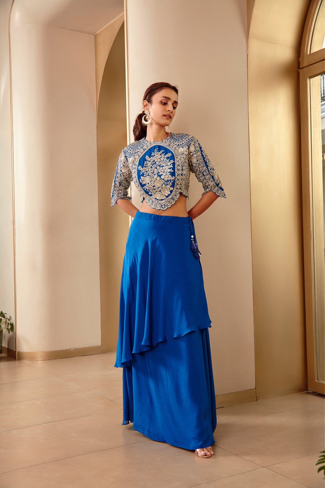 Jade Blue Embroidered Top and Assymetrical Skirt