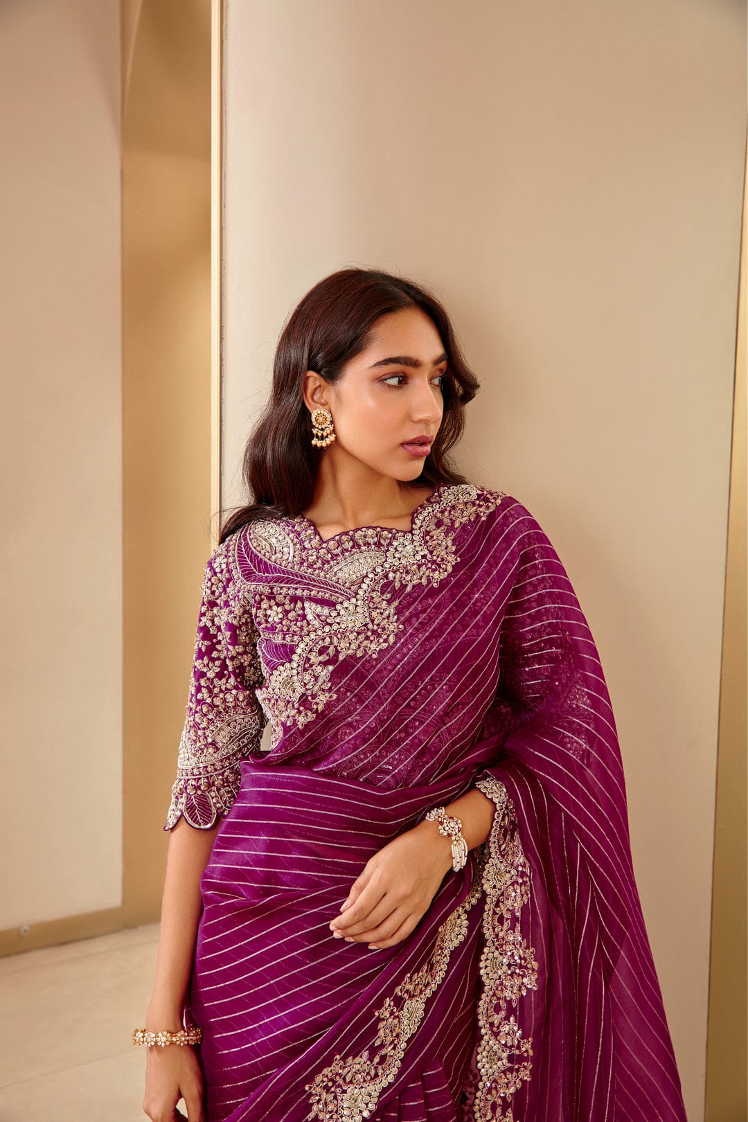 Hand-Embroidered Aubergine Striped Saree