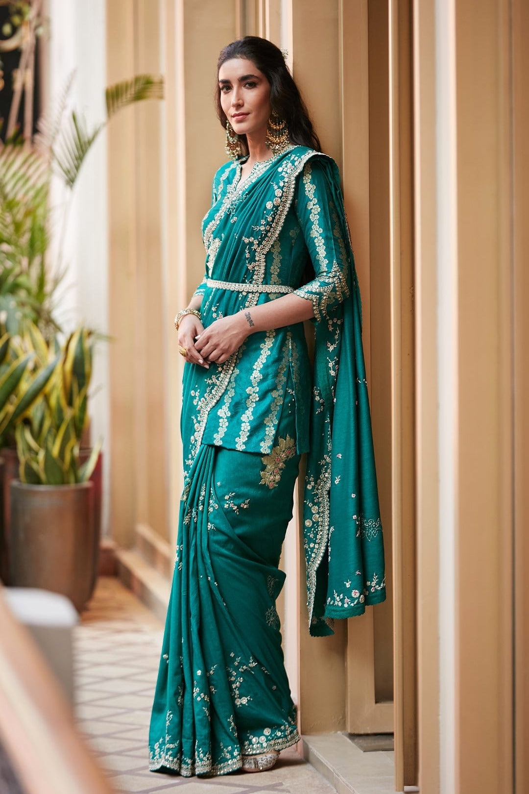 Emerald Green Embroidered Saree and Koti Blouse