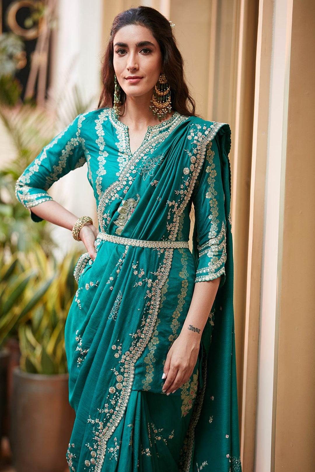 Emerald Green Embroidered Saree and Koti Blouse